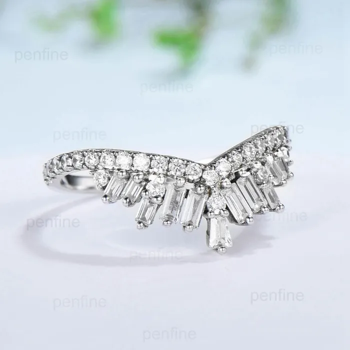 Crown fancy baguette cut moissanite wedding band white gold platinum curved stacking moissanite promise ring anniversary band women gift PENFINE Rings Crown fancy baguette cut moissanite wedding band white gold platinum curved stacking moissanite promise ring anniversary band women gift PENFINE Rings