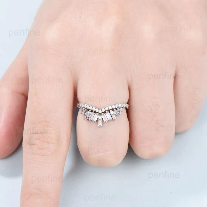 Crown fancy baguette cut moissanite wedding band white gold platinum curved stacking moissanite promise ring anniversary band women gift PENFINE Rings Crown fancy baguette cut moissanite wedding band white gold platinum curved stacking moissanite promise ring anniversary band women gift PENFINE Rings