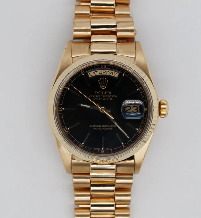 FULLERS PURCHASE FROM PUBLIC PreStyled Sets Gents 18K Gold Presidents Rolex OysterPerpetual DayDate with Black Dia FULLERS PURCHASE FROM PUBLIC PreStyled Sets Gents 18K Gold Presidents Rolex OysterPerpetual DayDate with Black Dia