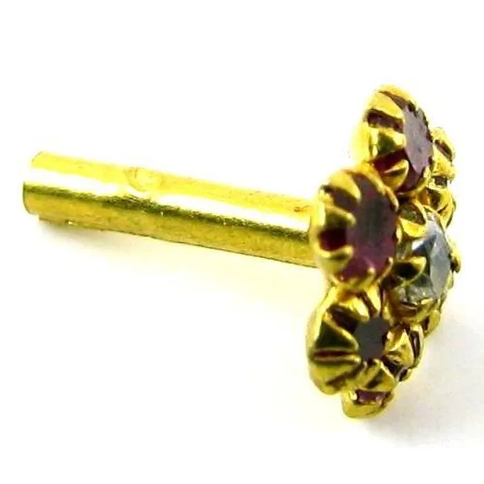Indian Style Designer Red CZ Body Piercing Jewelry Nose stud Pin Solid Real 14k Yellow Gold Karizma Jewels Earrings