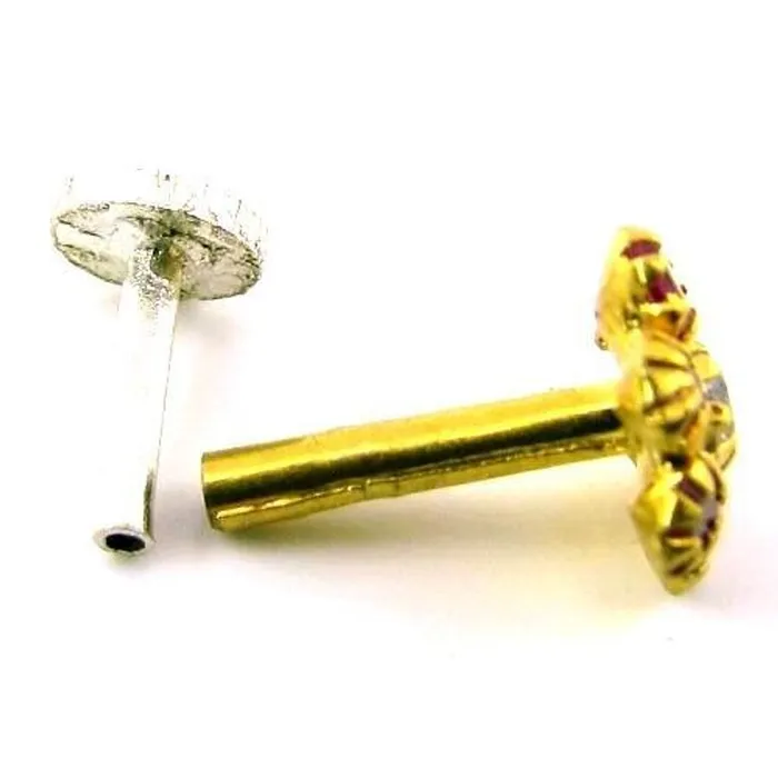 Indian Style Designer Red CZ Body Piercing Jewelry Nose stud Pin Solid Real 14k Yellow Gold Karizma Jewels Earrings