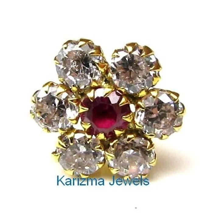 Indian Style Floral CZ Studded Body Piercing Jewelry Nose Stud Pin Solid Real 14k Yellow Gold Karizma Jewels Earrings Indian Style Floral CZ Studded Body Piercing Jewelry Nose Stud Pin Solid Real 14k Yellow Gold Karizma Jewels Earrings