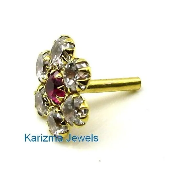 Indian Style Floral CZ Studded Body Piercing Jewelry Nose Stud Pin Solid Real 14k Yellow Gold Karizma Jewels Earrings
