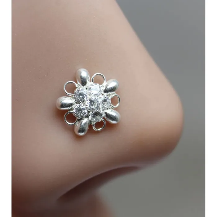 Karizma Jewels Rings Ethnic Indian 925 Sterling Silver White CZ Studded Corkscrew nose ring 22g