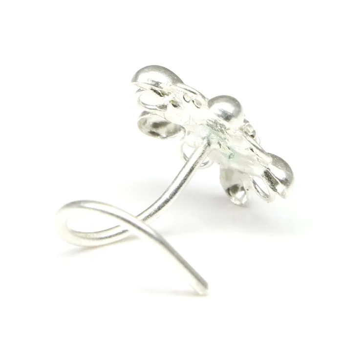 Karizma Jewels Rings Ethnic Indian 925 Sterling Silver White CZ Studded Corkscrew nose ring 22g