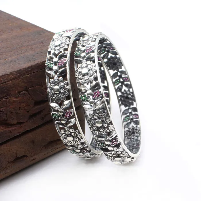Karizma Jewels Rings Flower Design Real Sterling Silver CZ Women Oxidized Bangles Pair 62 CM Karizma Jewels Rings Flower Design Real Sterling Silver CZ Women Oxidized Bangles Pair 62 CM