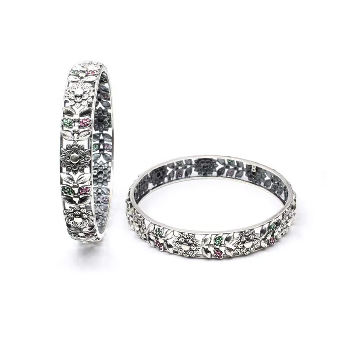Karizma Jewels Rings Flower Design Real Sterling Silver CZ Women Oxidized Bangles Pair 62 CM