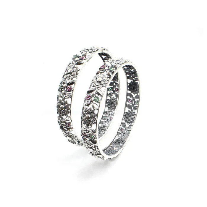 Karizma Jewels Rings Flower Design Real Sterling Silver CZ Women Oxidized Bangles Pair 62 CM