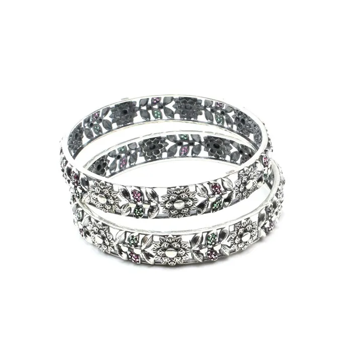 Karizma Jewels Rings Flower Design Real Sterling Silver CZ Women Oxidized Bangles Pair 62 CM