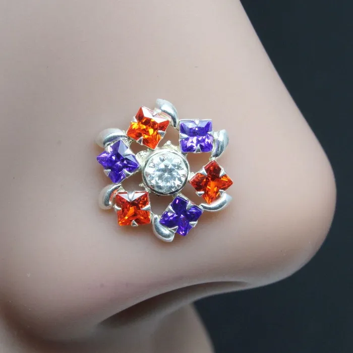 Karizma Jewels Rings Indian 925 Sterling Silver Multicolor CZ Studded Nose ring Push Pin