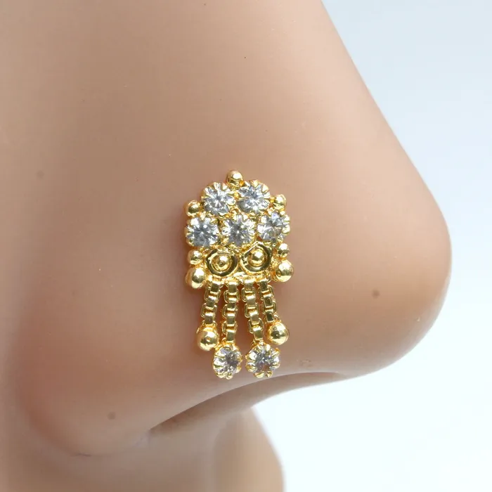 Karizma Jewels Rings Indian Style Gold Plated Dangle Nose ring White CZ Corkscrew nose ring L Bend Karizma Jewels Rings Indian Style Gold Plated Dangle Nose ring White CZ Corkscrew nose ring L Bend