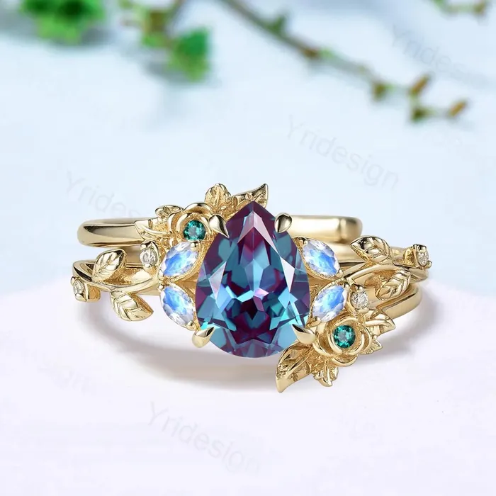 Nature inspired pear shaped alexandrite engagement ring floral leaf vine marquise moonstone wedding set art deco bridal anniversary ring set PENFINE Rings Nature inspired pear shaped alexandrite engagement ring floral leaf vine marquise moonstone wedding set art deco bridal anniversary ring set PENFINE Rings