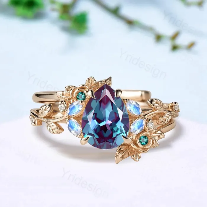 Nature inspired pear shaped alexandrite engagement ring floral leaf vine marquise moonstone wedding set art deco bridal anniversary ring set PENFINE Rings Nature inspired pear shaped alexandrite engagement ring floral leaf vine marquise moonstone wedding set art deco bridal anniversary ring set PENFINE Rings
