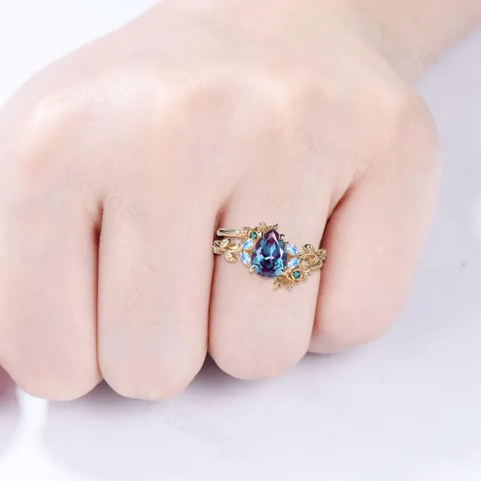 Nature inspired pear shaped alexandrite engagement ring floral leaf vine marquise moonstone wedding set art deco bridal anniversary ring set PENFINE Rings Nature inspired pear shaped alexandrite engagement ring floral leaf vine marquise moonstone wedding set art deco bridal anniversary ring set PENFINE Rings