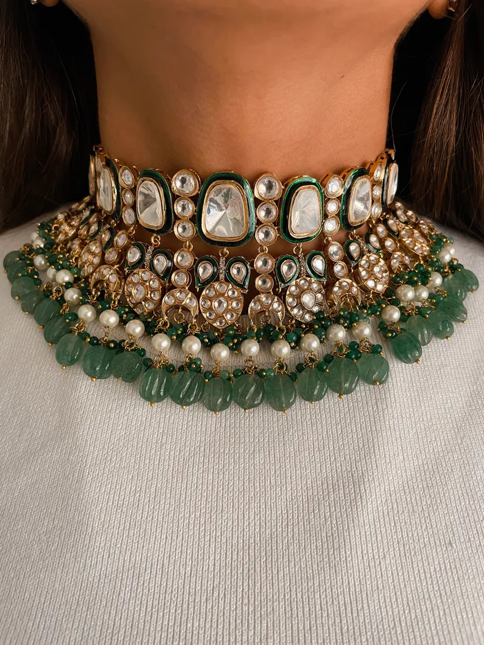Necklaces Kundan Pearl Emerald Statement Choker Necklace Set Necklace Earrings Mang Tika PRERTO ECOMMERCE PRIVATE LIMITED Necklaces Kundan Pearl Emerald Statement Choker Necklace Set Necklace Earrings Mang Tika PRERTO ECOMMERCE PRIVATE LIMITED