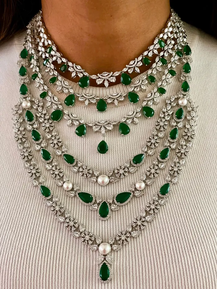 Necklaces Maharani 3 Layer Emerald Drop Set Galle 3 Layer Emerald Diamond Pearl Necklace Set PRERTO ECOMMERCE PRIVATE LIMITED