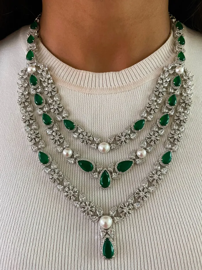 Necklaces Maharani 3 Layer Emerald Drop Set Galle 3 Layer Emerald Diamond Pearl Necklace Set PRERTO ECOMMERCE PRIVATE LIMITED