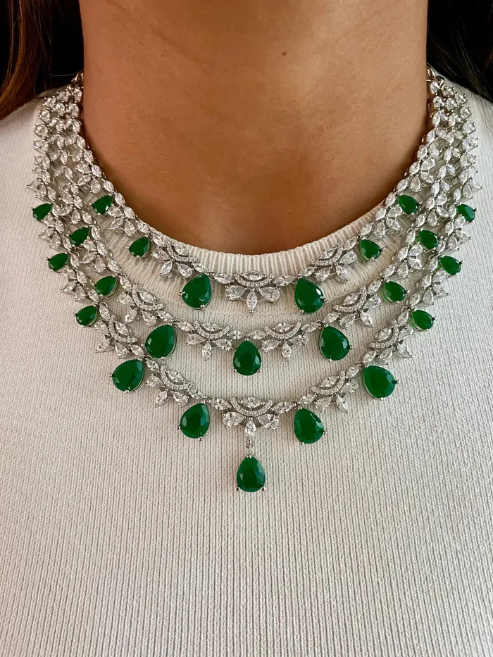 Necklaces Maharani 3 Layer Emerald Drop Set Galle 3 Layer Emerald Diamond Pearl Necklace Set PRERTO ECOMMERCE PRIVATE LIMITED