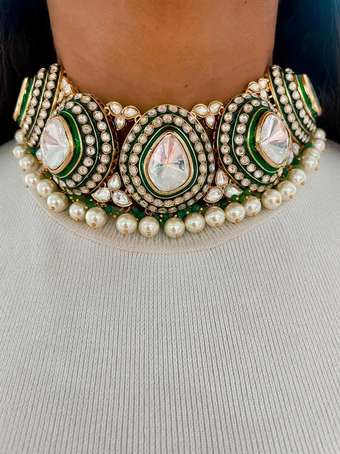 Necklaces Yana Kundan Pearl Drops Emerald Necklace set Necklace Earrings Mang Tika PRERTO ECOMMERCE PRIVATE LIMITED