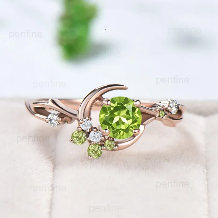 PENFINE Rings Natural Peridot Engagement Ring Round Green Peridot Ring Vintage Rose Gold Star Moon Engagement Ring August Birthstone Anniversary Ring PENFINE Rings Natural Peridot Engagement Ring Round Green Peridot Ring Vintage Rose Gold Star Moon Engagement Ring August Birthstone Anniversary Ring