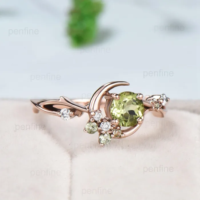 PENFINE Rings Natural Peridot Engagement Ring Round Green Peridot Ring Vintage Rose Gold Star Moon Engagement Ring August Birthstone Anniversary Ring PENFINE Rings Natural Peridot Engagement Ring Round Green Peridot Ring Vintage Rose Gold Star Moon Engagement Ring August Birthstone Anniversary Ring