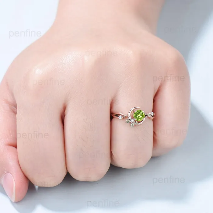 PENFINE Rings Natural Peridot Engagement Ring Round Green Peridot Ring Vintage Rose Gold Star Moon Engagement Ring August Birthstone Anniversary Ring PENFINE Rings Natural Peridot Engagement Ring Round Green Peridot Ring Vintage Rose Gold Star Moon Engagement Ring August Birthstone Anniversary Ring