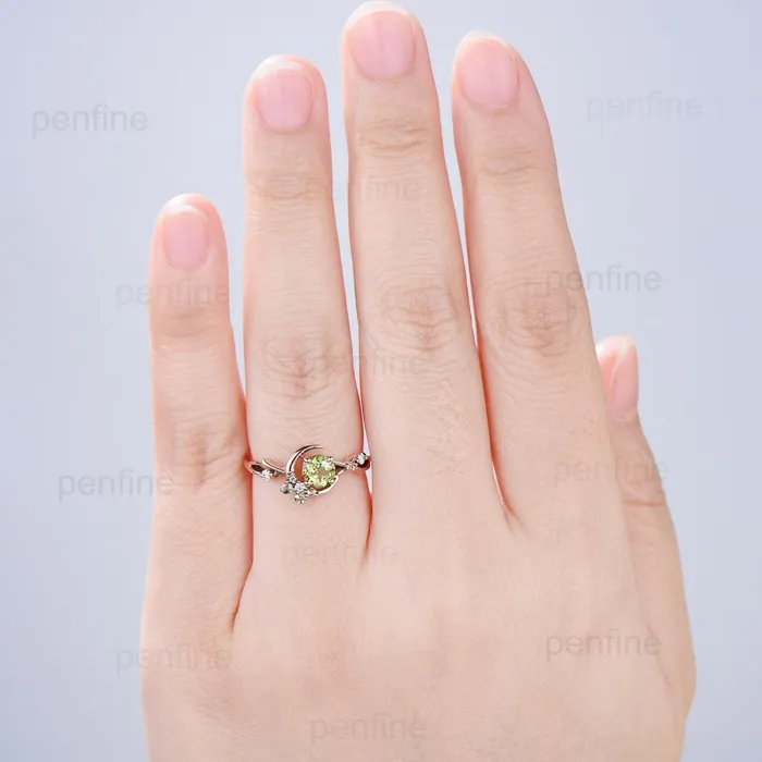 PENFINE Rings Natural Peridot Engagement Ring Round Green Peridot Ring Vintage Rose Gold Star Moon Engagement Ring August Birthstone Anniversary Ring PENFINE Rings Natural Peridot Engagement Ring Round Green Peridot Ring Vintage Rose Gold Star Moon Engagement Ring August Birthstone Anniversary Ring