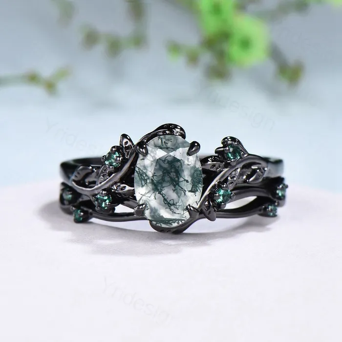 PENFINE Rings Unique black gold moss agate ring set Nature Inspired aquatic agate engagement ring vintage cluster emerald Leaf wedding ring set for women PENFINE Rings Unique black gold moss agate ring set Nature Inspired aquatic agate engagement ring vintage cluster emerald Leaf wedding ring set for women