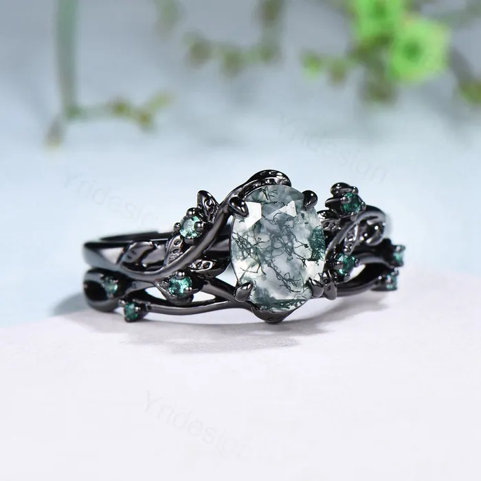 PENFINE Rings Unique black gold moss agate ring set Nature Inspired aquatic agate engagement ring vintage cluster emerald Leaf wedding ring set for women