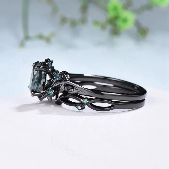 PENFINE Rings Unique black gold moss agate ring set Nature Inspired aquatic agate engagement ring vintage cluster emerald Leaf wedding ring set for women