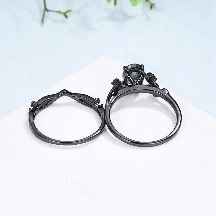 PENFINE Rings Unique black gold moss agate ring set Nature Inspired aquatic agate engagement ring vintage cluster emerald Leaf wedding ring set for women
