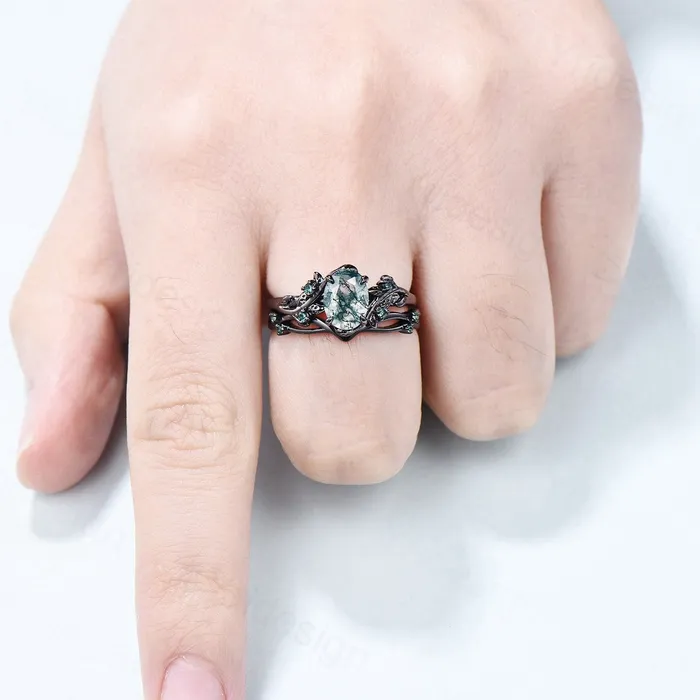 PENFINE Rings Unique black gold moss agate ring set Nature Inspired aquatic agate engagement ring vintage cluster emerald Leaf wedding ring set for women