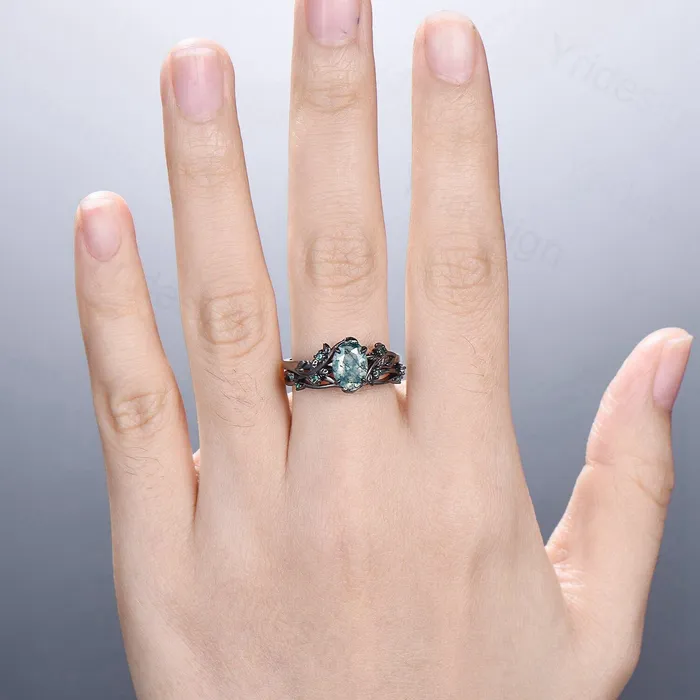 PENFINE Rings Unique black gold moss agate ring set Nature Inspired aquatic agate engagement ring vintage cluster emerald Leaf wedding ring set for women