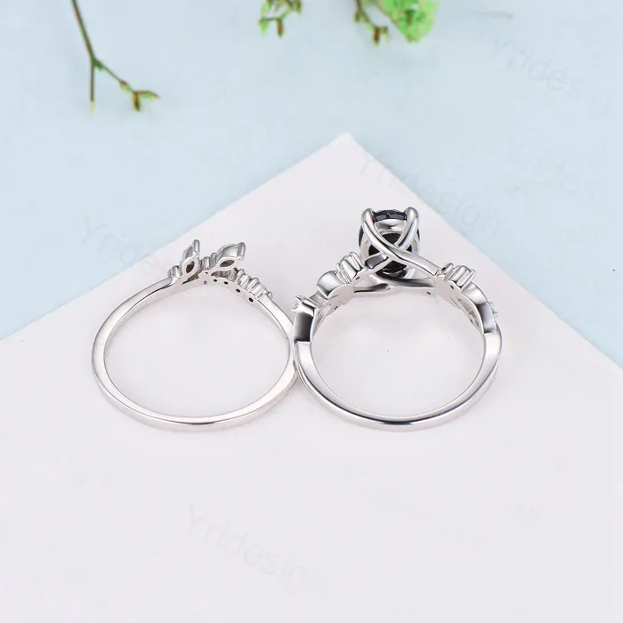PENFINE Rings Unique black gold moss agate ring set Nature Inspired aquatic agate engagement ring vintage cluster emerald Leaf wedding ring set for women