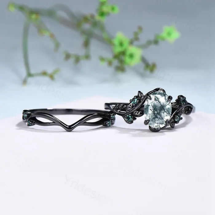 PENFINE Rings Unique black gold moss agate ring set Nature Inspired aquatic agate engagement ring vintage cluster emerald Leaf wedding ring set for women