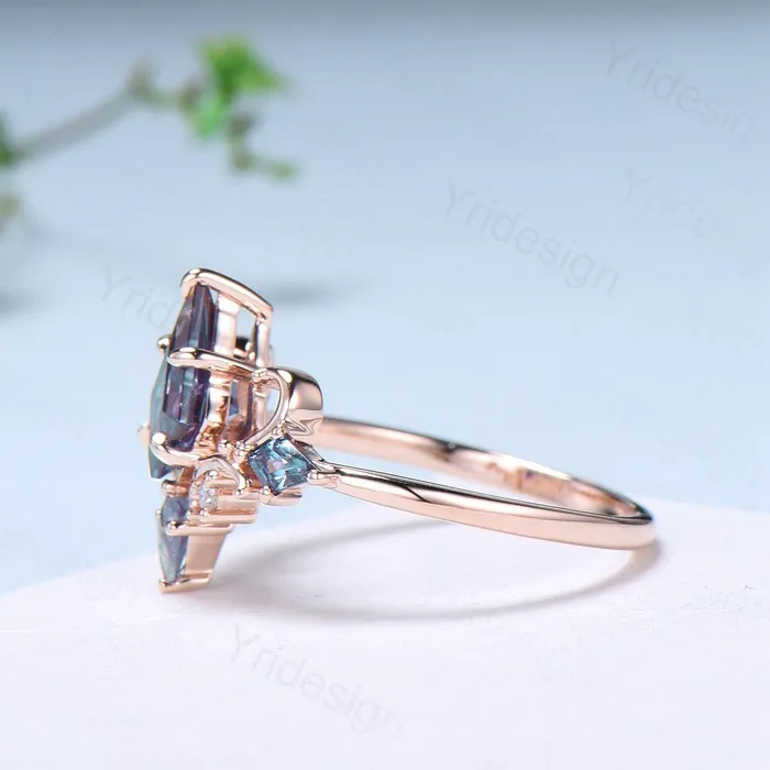 PENFINE Rings Unique Kite Cut Alexandrite Engagement Ring Art Deco Air Fly Color change Alexandrite Alternative Rose Gold Wedding Ring For Women PENFINE Rings Unique Kite Cut Alexandrite Engagement Ring Art Deco Air Fly Color change Alexandrite Alternative Rose Gold Wedding Ring For Women