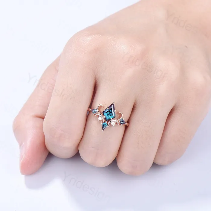 PENFINE Rings Unique Kite Cut Alexandrite Engagement Ring Art Deco Air Fly Color change Alexandrite Alternative Rose Gold Wedding Ring For Women PENFINE Rings Unique Kite Cut Alexandrite Engagement Ring Art Deco Air Fly Color change Alexandrite Alternative Rose Gold Wedding Ring For Women