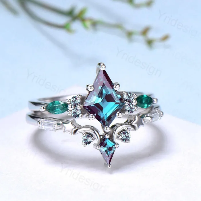 PENFINE Rings Unique kite cut Alexandrite engagement ring set silver white gold art deco marquise emerald wedding ring set for women 2pcs star bridal set PENFINE Rings Unique kite cut Alexandrite engagement ring set silver white gold art deco marquise emerald wedding ring set for women 2pcs star bridal set