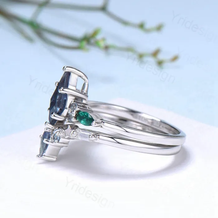 PENFINE Rings Unique kite cut Alexandrite engagement ring set silver white gold art deco marquise emerald wedding ring set for women 2pcs star bridal set PENFINE Rings Unique kite cut Alexandrite engagement ring set silver white gold art deco marquise emerald wedding ring set for women 2pcs star bridal set