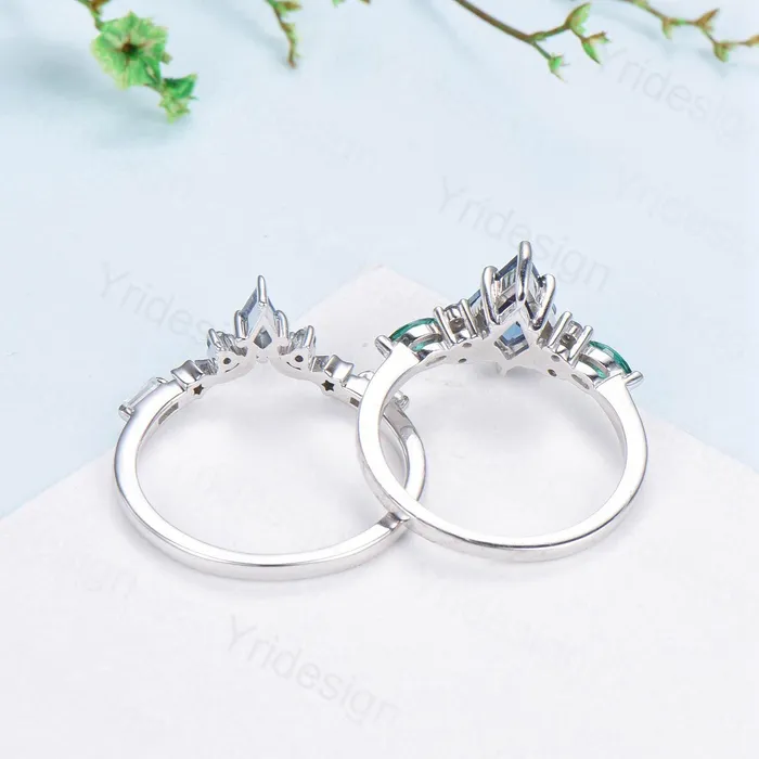PENFINE Rings Unique kite cut Alexandrite engagement ring set silver white gold art deco marquise emerald wedding ring set for women 2pcs star bridal set PENFINE Rings Unique kite cut Alexandrite engagement ring set silver white gold art deco marquise emerald wedding ring set for women 2pcs star bridal set