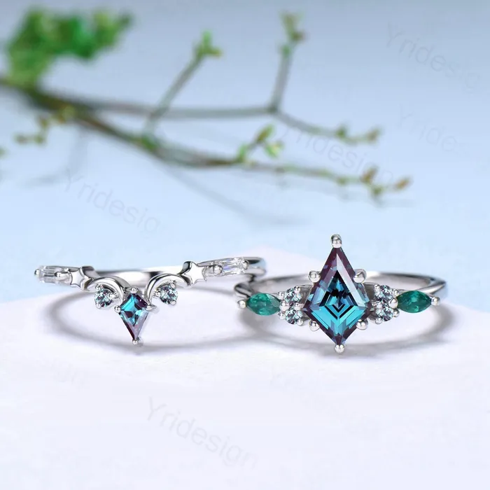 PENFINE Rings Unique kite cut Alexandrite engagement ring set silver white gold art deco marquise emerald wedding ring set for women 2pcs star bridal set PENFINE Rings Unique kite cut Alexandrite engagement ring set silver white gold art deco marquise emerald wedding ring set for women 2pcs star bridal set