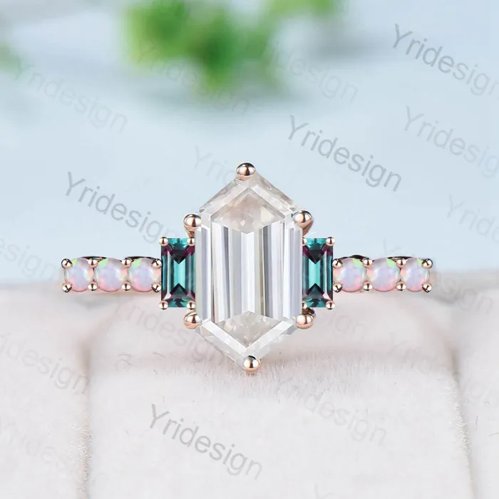 PENFINE Rings Unique moissanite engagement ring Long hexagon cut moissanite cluster baguette alexandrite opal wedding ring art deco proposal gifts women PENFINE Rings Unique moissanite engagement ring Long hexagon cut moissanite cluster baguette alexandrite opal wedding ring art deco proposal gifts women