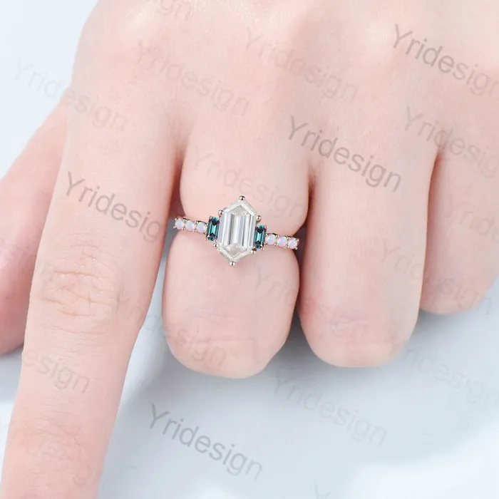 PENFINE Rings Unique moissanite engagement ring Long hexagon cut moissanite cluster baguette alexandrite opal wedding ring art deco proposal gifts women PENFINE Rings Unique moissanite engagement ring Long hexagon cut moissanite cluster baguette alexandrite opal wedding ring art deco proposal gifts women