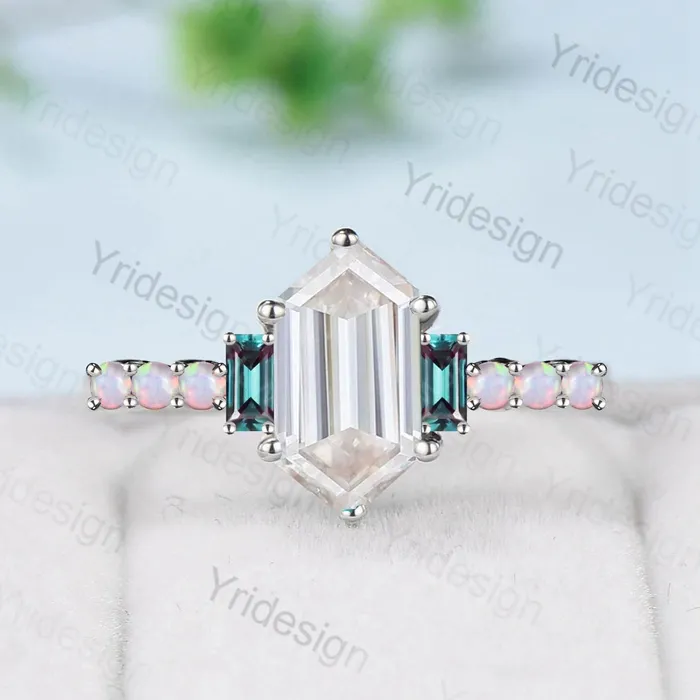 PENFINE Rings Unique moissanite engagement ring Long hexagon cut moissanite cluster baguette alexandrite opal wedding ring art deco proposal gifts women PENFINE Rings Unique moissanite engagement ring Long hexagon cut moissanite cluster baguette alexandrite opal wedding ring art deco proposal gifts women