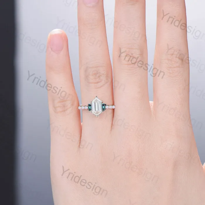 PENFINE Rings Unique moissanite engagement ring Long hexagon cut moissanite cluster baguette alexandrite opal wedding ring art deco proposal gifts women PENFINE Rings Unique moissanite engagement ring Long hexagon cut moissanite cluster baguette alexandrite opal wedding ring art deco proposal gifts women