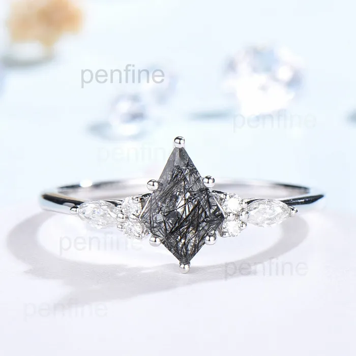 PENFINE Rings Vintage Black Rutilated Quartz Cluster Engagement Ring Kite Cut PENFINE Rings Vintage Black Rutilated Quartz Cluster Engagement Ring Kite Cut