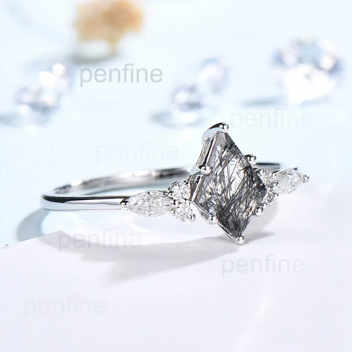 PENFINE Rings Vintage Black Rutilated Quartz Cluster Engagement Ring Kite Cut