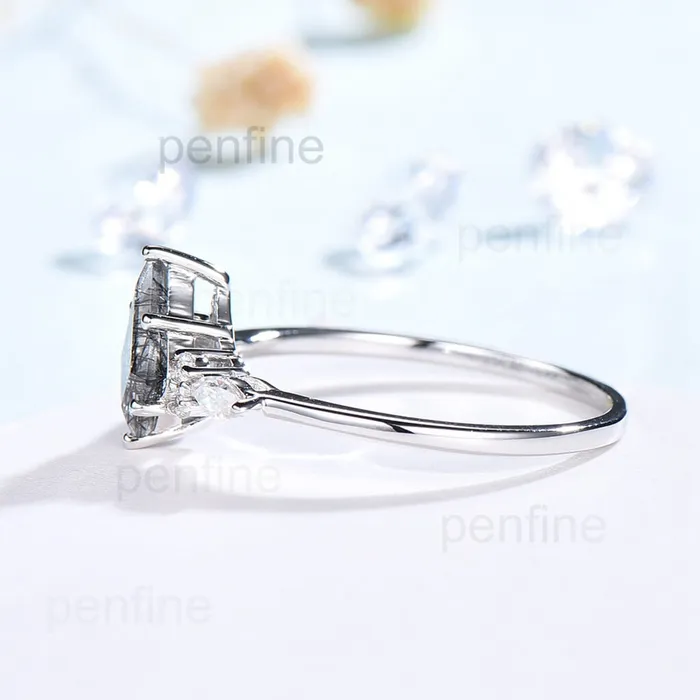 PENFINE Rings Vintage Black Rutilated Quartz Cluster Engagement Ring Kite Cut