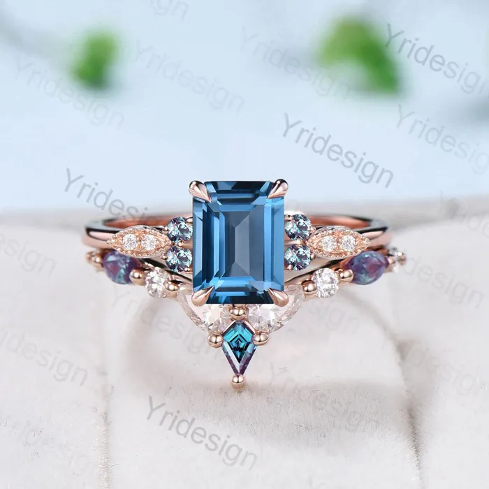PENFINE Rings Vintage Emerald Cut London Blue Topaz Ring Set Silver Rose Gold Unique Topaz Alexandrite Engagement Ring Art Deco Wedding Ring Set For Women PENFINE Rings Vintage Emerald Cut London Blue Topaz Ring Set Silver Rose Gold Unique Topaz Alexandrite Engagement Ring Art Deco Wedding Ring Set For Women