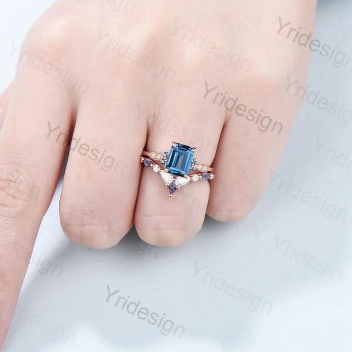 PENFINE Rings Vintage Emerald Cut London Blue Topaz Ring Set Silver Rose Gold Unique Topaz Alexandrite Engagement Ring Art Deco Wedding Ring Set For Women PENFINE Rings Vintage Emerald Cut London Blue Topaz Ring Set Silver Rose Gold Unique Topaz Alexandrite Engagement Ring Art Deco Wedding Ring Set For Women